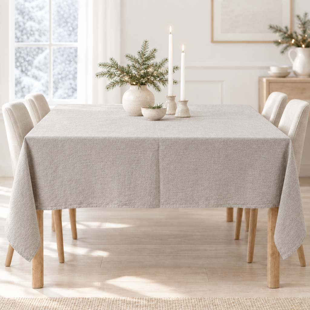 Natural undyed washed linen tablecloth in a bright room with snow falling outside and subtle Christmas decoration