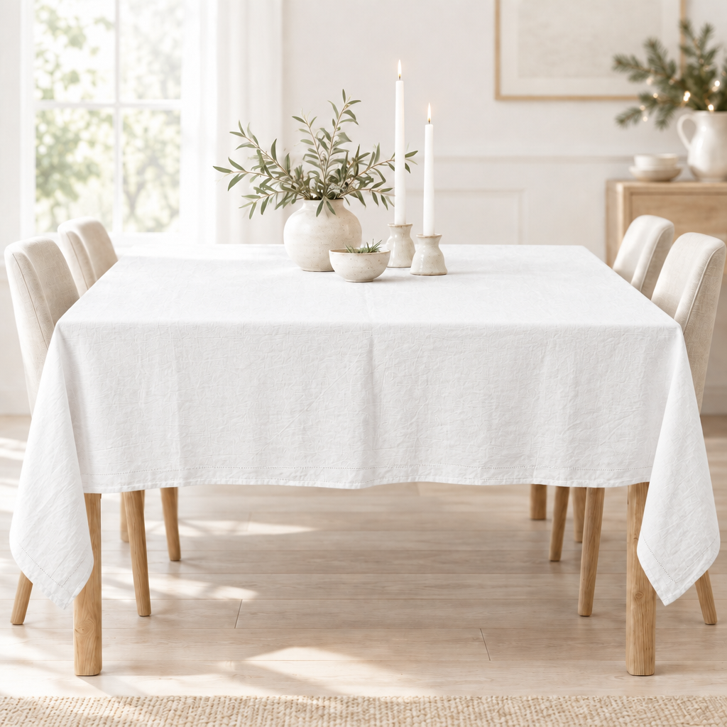 Off-white washed linen tablecloth styled in the same bright airy room with a pale natural wood table