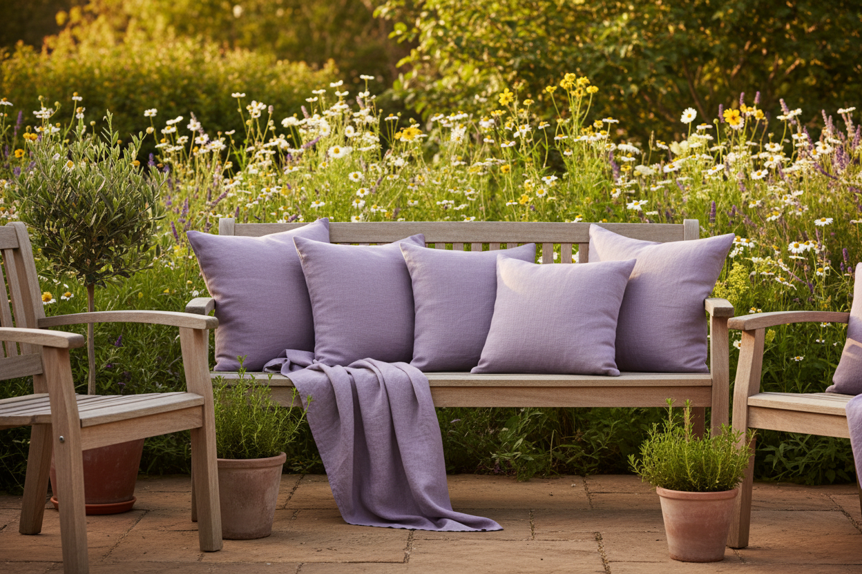 Lavender linen cushions outdoor terrace