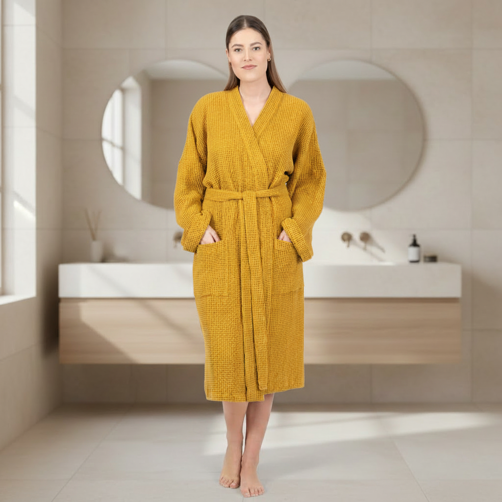 Mustard linen waffle bathrobe on the same bathroom background