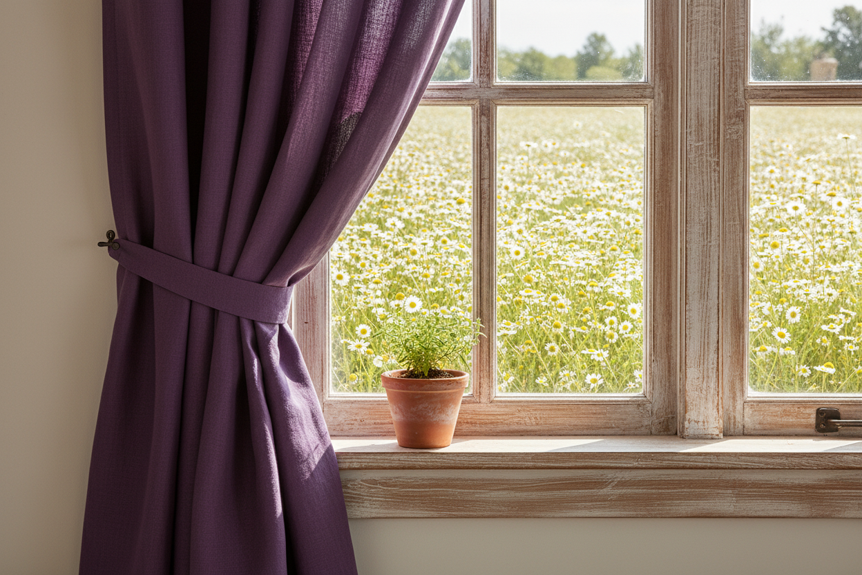 Purple linen curtain farmhouse window